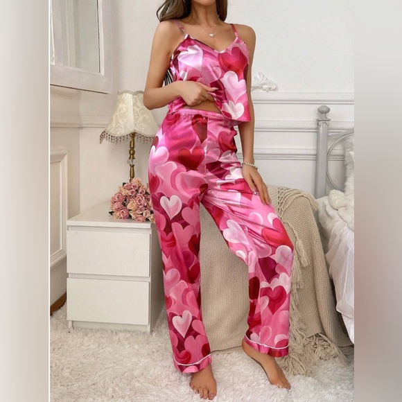 Heart Printed Satin Cami & Pants Pajama Set Pink - Picture 3 of 6